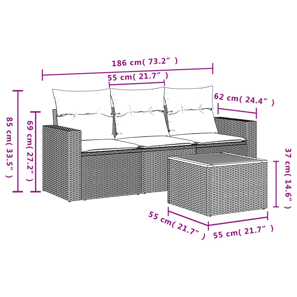 4 pcs conjunto de sofás para jardim c/ almofadões vime PE preto