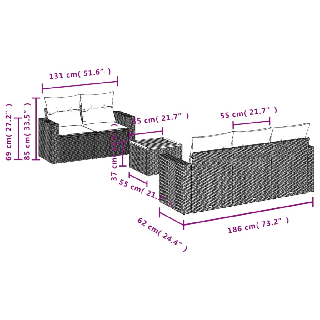 6 pcs conjunto sofás de jardim com almofadões vime cinzento