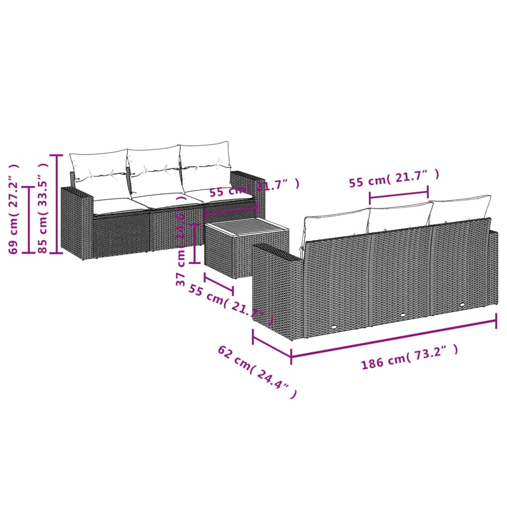 7 pcs conjunto de sofás p/ jardim c/ almofadões vime PE preto