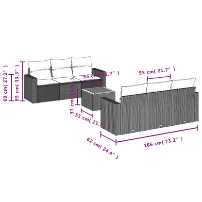 7 pcs conjunto sofás p/ jardim c/ almofadões vime PE cinzento