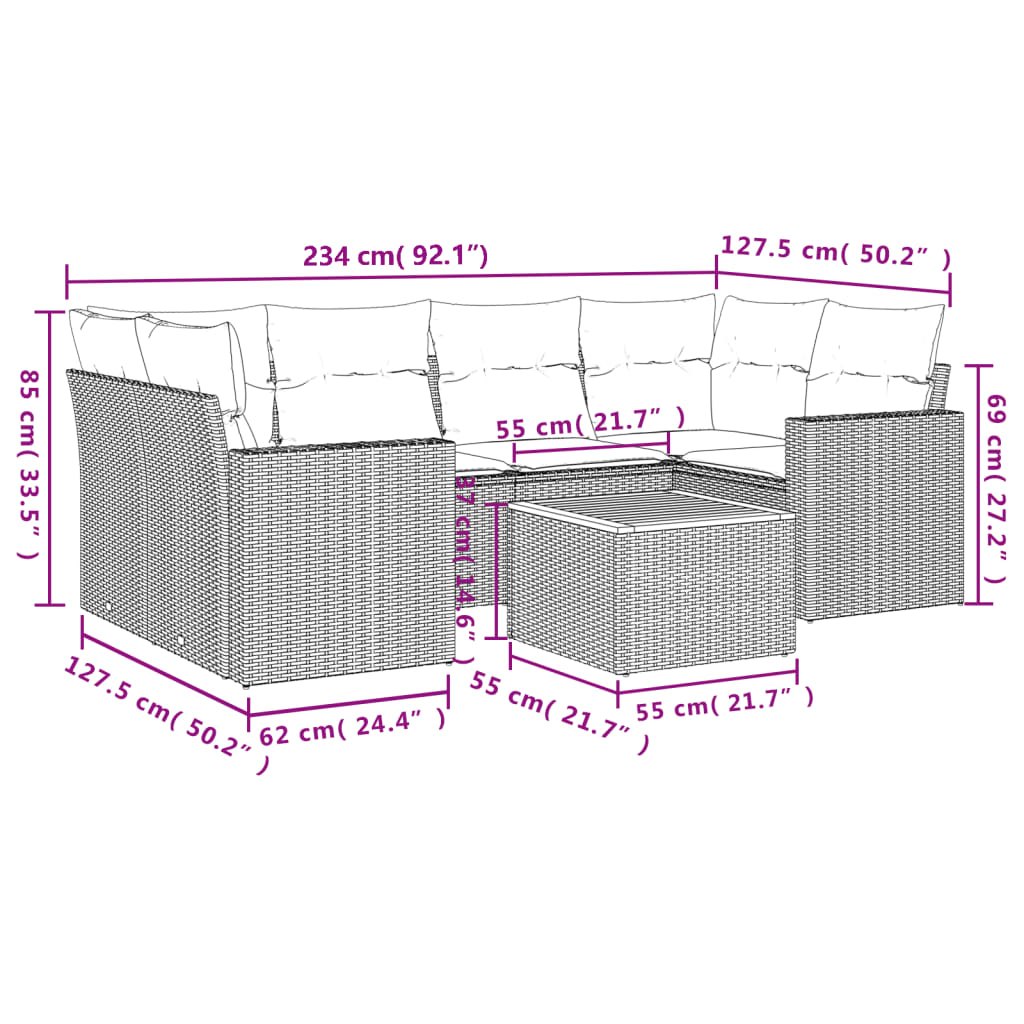 7 pcs conjunto sofás p/ jardim c/ almofadões vime PE cinzento