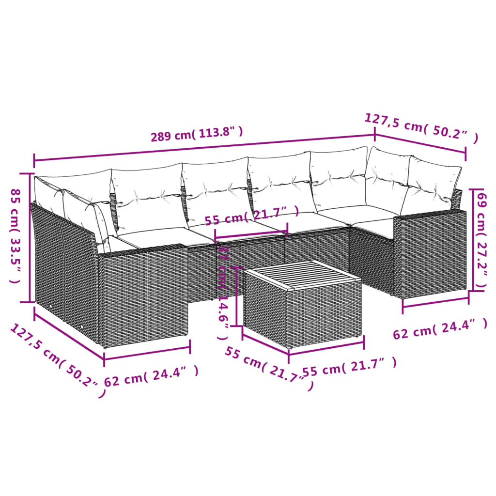 8 pcs conjunto sofás de jardim com almofadões vime PE preto