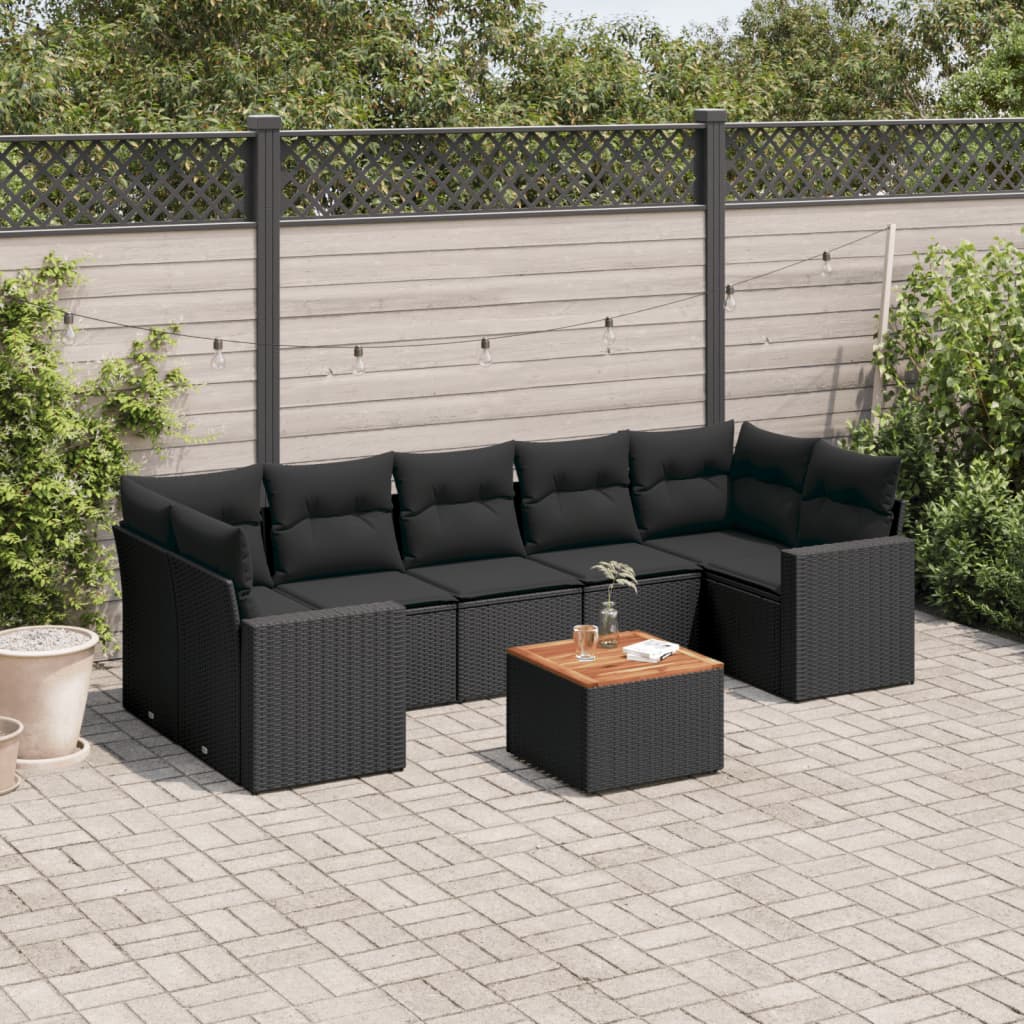 8 pcs conjunto sofás de jardim com almofadões vime PE preto