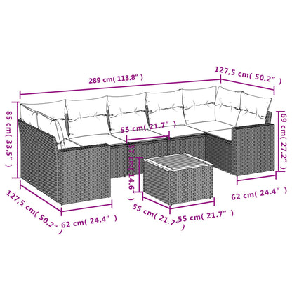 8 pcs conjunto sofás de jardim c/ almofadões vime PE cinzento