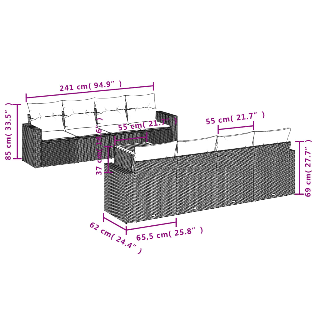 9 pcs conjunto de sofás p/ jardim c/ almofadões vime PE preto