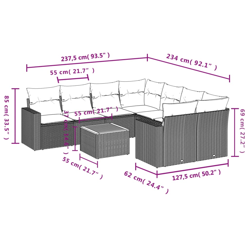 9 pcs conjunto de sofás p/ jardim c/ almofadões vime PE preto