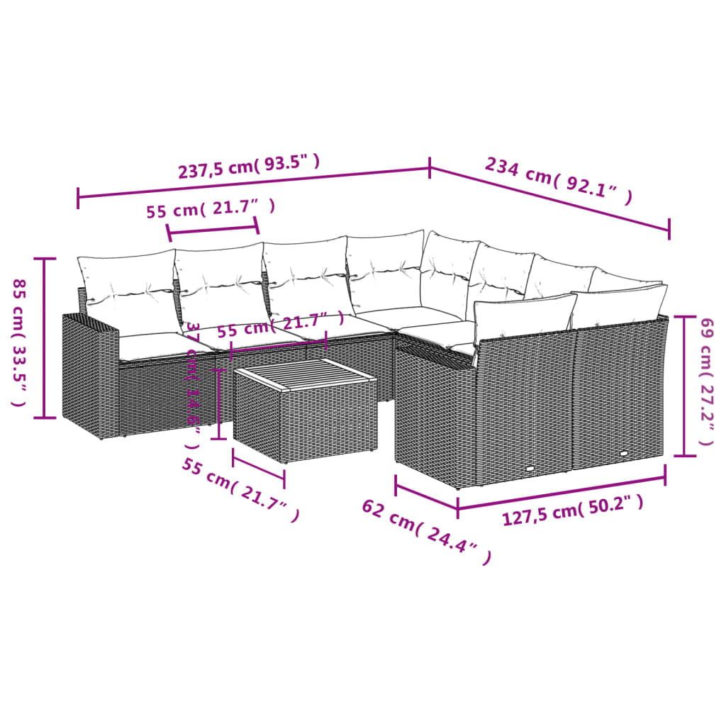 9 pcs conjunto sofás p/ jardim com almofadões vime PE cinzento