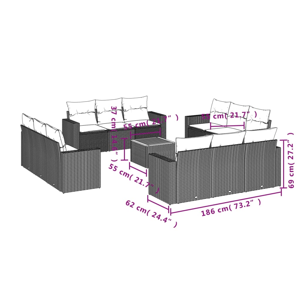 13 pcs conjunto sofás p/ jardim c/ almofadões vime PE cinzento