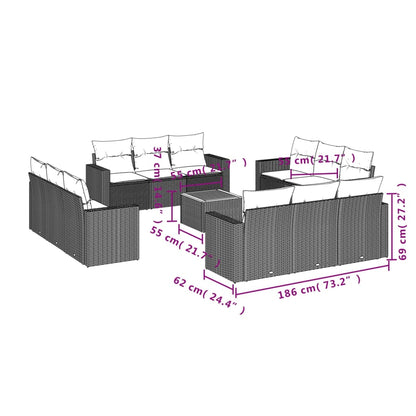 13 pcs conjunto sofás p/ jardim c/ almofadões vime PE cinzento