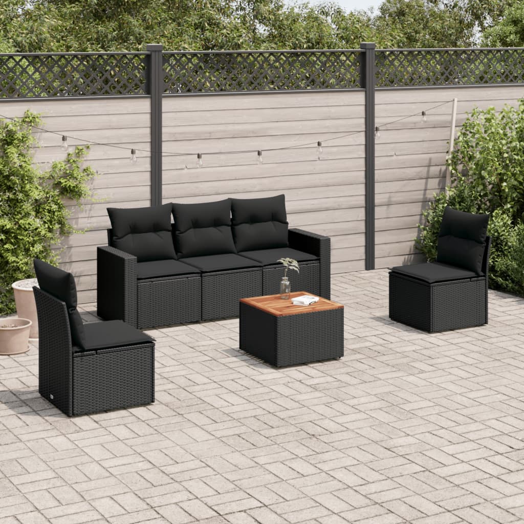 6 pcs conjunto sofás de jardim c/ almofadões vime PE preto