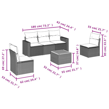 6 pcs conjunto sofás de jardim c/ almofadões vime PE preto