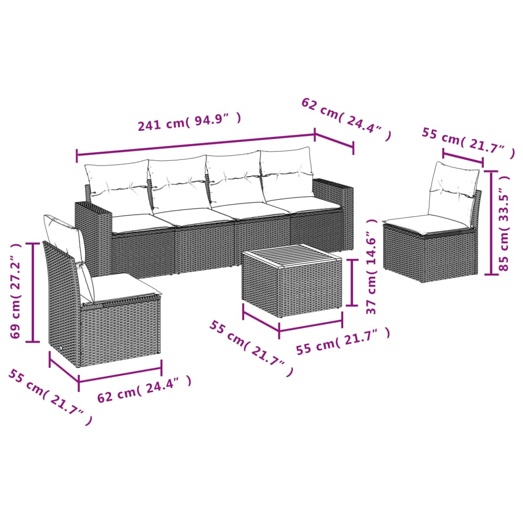 7 pcs conjunto sofás p/ jardim c/ almofadões vime PE cinzento