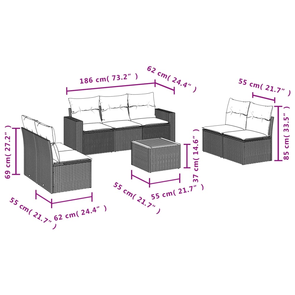 8 pcs conjunto sofás de jardim com almofadões vime PE preto