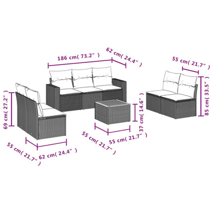 8 pcs conjunto sofás de jardim c/ almofadões vime PE cinzento