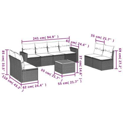 9 pcs conjunto sofás p/ jardim com almofadões vime PE cinzento