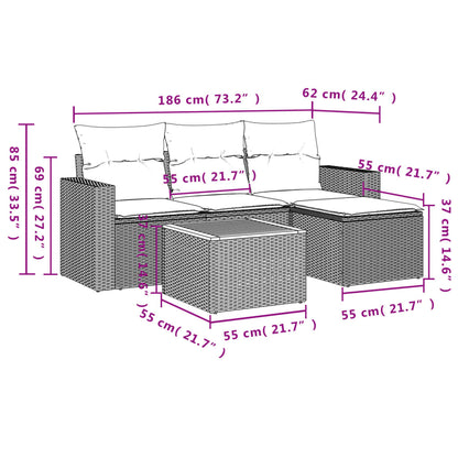 5 pcs conjunto sofás de jardim c/ almofadões vime PE cinzento