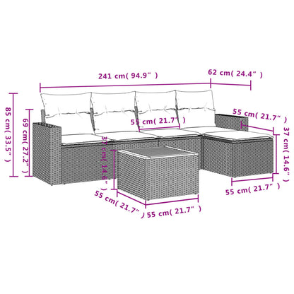 6 pcs conjunto sofás de jardim c/ almofadões vime PE preto