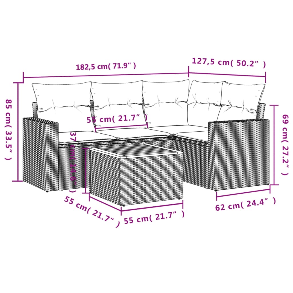 5 pcs conjunto sofás de jardim c/ almofadões vime PE cinzento