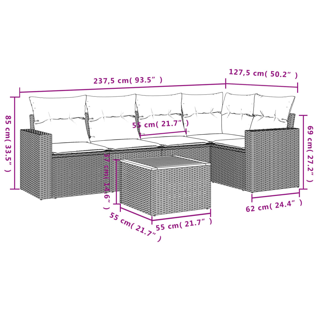 6 pcs conjunto sofás de jardim com almofadões vime cinzento