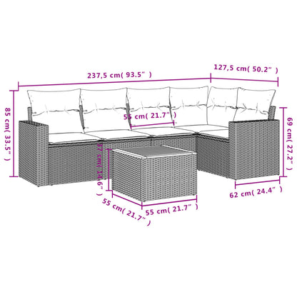 6 pcs conjunto sofás de jardim com almofadões vime cinzento