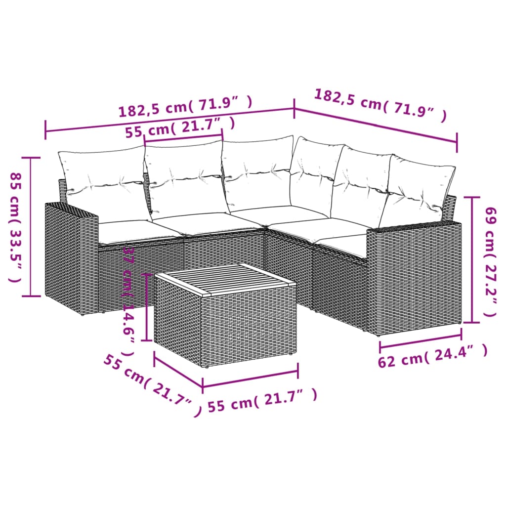 6 pcs conjunto sofás de jardim c/ almofadões vime PE preto