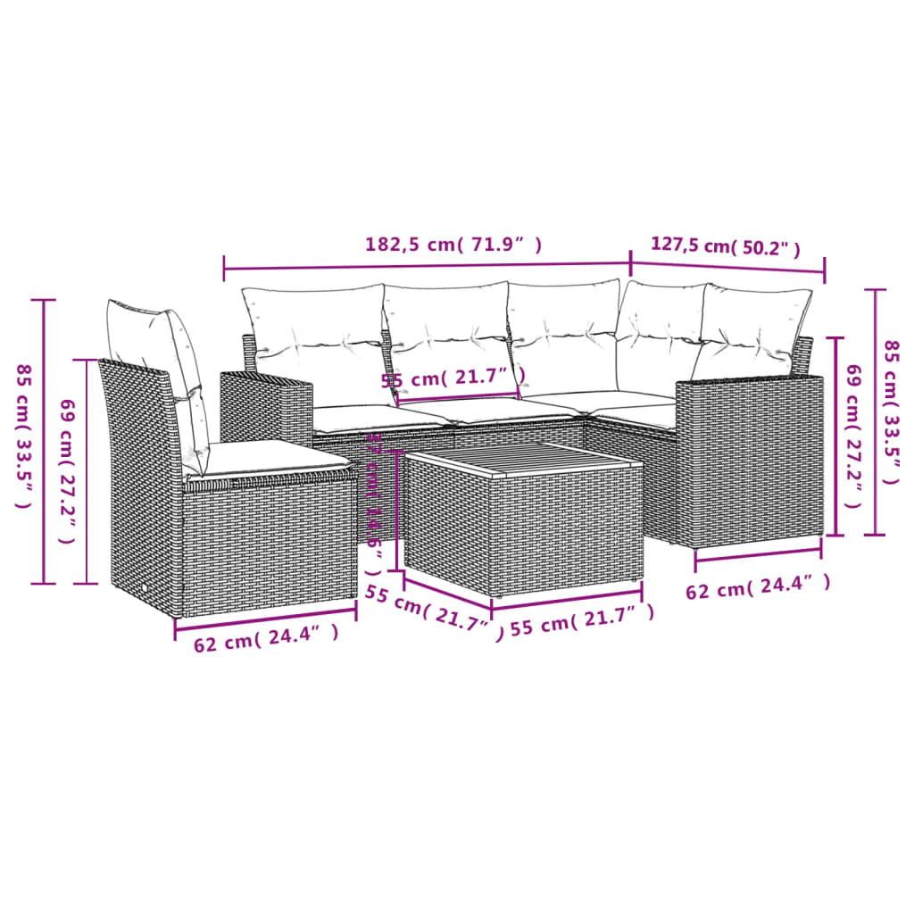 6 pcs conjunto sofás de jardim com almofadões vime cinzento