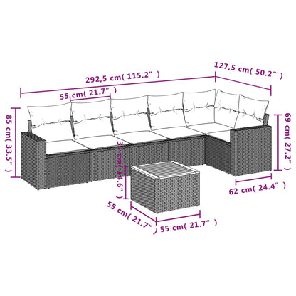 7 pcs conjunto sofás p/ jardim c/ almofadões vime PE cinzento