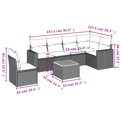 7 pcs conjunto sofás p/ jardim c/ almofadões vime PE cinzento