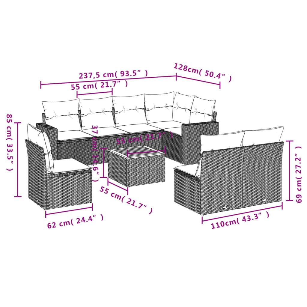 9 pcs conjunto de sofás p/ jardim c/ almofadões vime PE preto