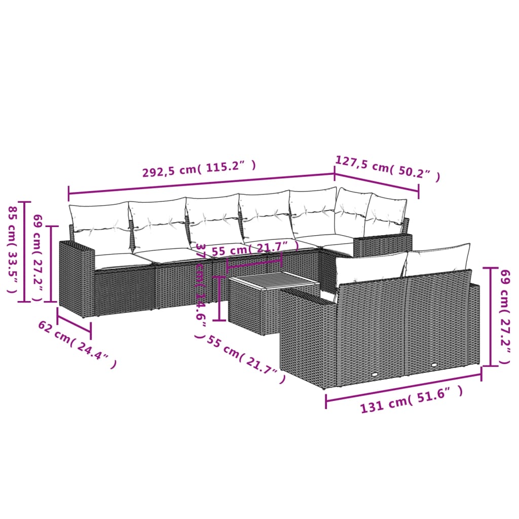 9 pcs conjunto sofás p/ jardim com almofadões vime PE cinzento