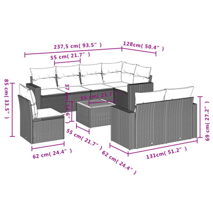 9 pcs conjunto sofás p/ jardim com almofadões vime PE cinzento