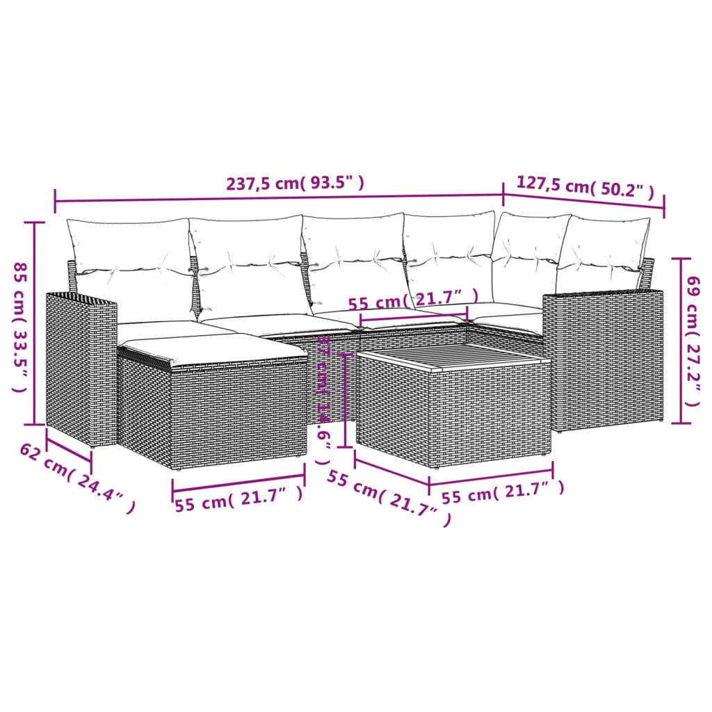 7 pcs conjunto de sofás p/ jardim c/ almofadões vime PE preto