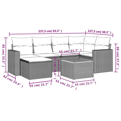 7 pcs conjunto de sofás p/ jardim c/ almofadões vime PE preto