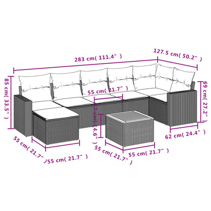 8 pcs conjunto sofás de jardim com almofadões vime PE preto