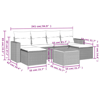 7 pcs conjunto de sofás p/ jardim c/ almofadões vime PE preto