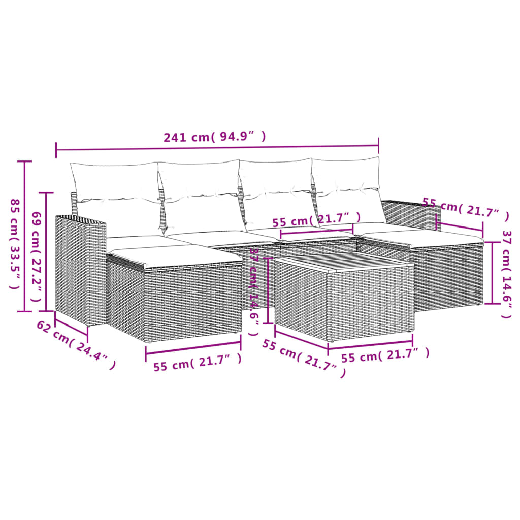 7 pcs conjunto sofás p/ jardim c/ almofadões vime PE cinzento