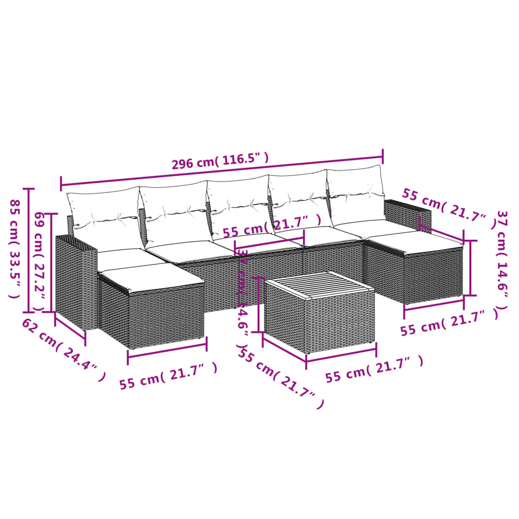 8 pcs conjunto sofás de jardim com almofadões vime PE preto