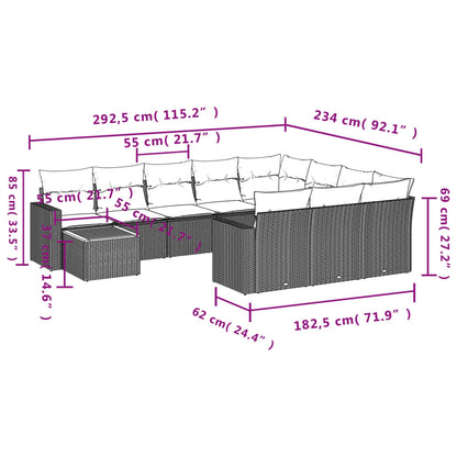 11 pcs conjunto sofás de jardim c/ almofadões vime PE preto