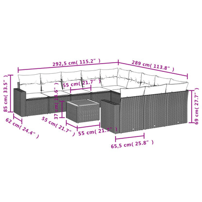 12 pcs conjunto de sofás jardim c/ almofadões vime PE cinzento