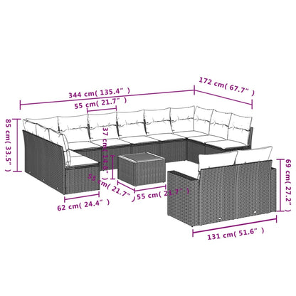 13 pcs conjunto sofás p/ jardim c/ almofadões vime PE cinzento