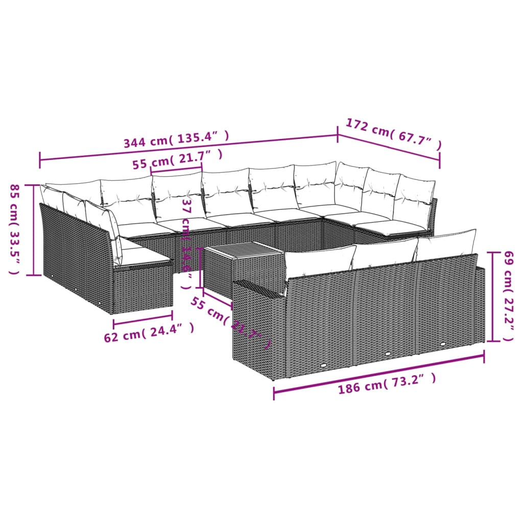 14 pcs conjunto de sofás p/ jardim com almofadões vime PE bege