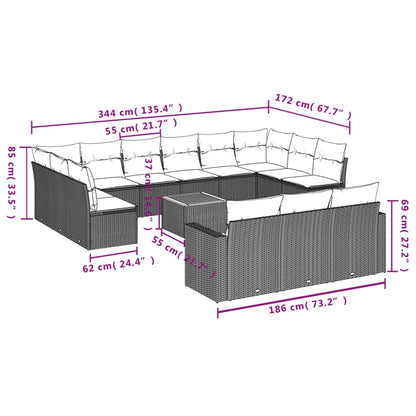 14 pcs conjunto sofás p/ jardim c/ almofadões vime PE cinzento