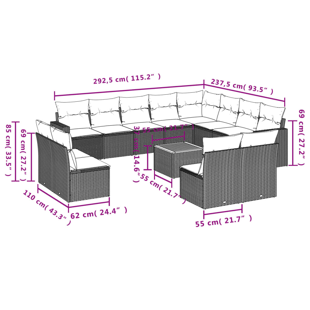 13 pcs conjunto de sofás p/ jardim com almofadões vime PE bege