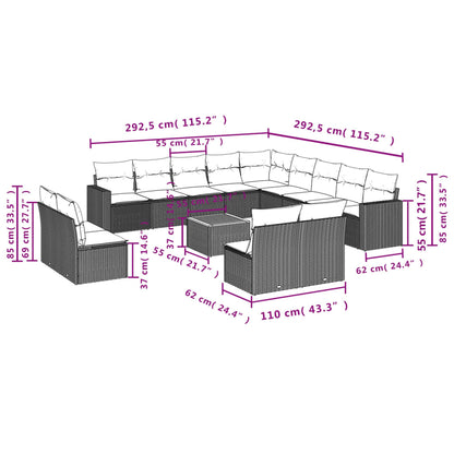 14 pcs conjunto de sofás p/ jardim c/ almofadões vime PE preto