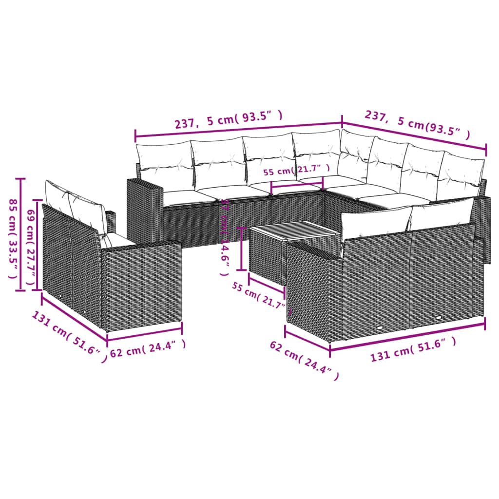 12 pcs conjunto de sofás de jardim c/ almofadões vime PE preto