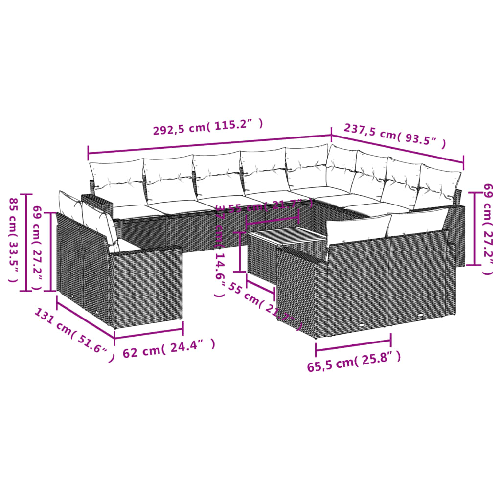 13 pcs conjunto de sofás de jardim com almofadões vime PE preto