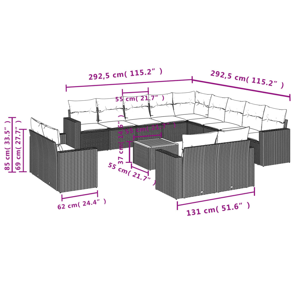 14 pcs conjunto de sofás p/ jardim c/ almofadões vime PE preto