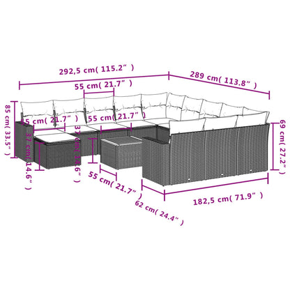 13 pcs conjunto de sofás de jardim com almofadões vime PE preto