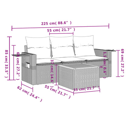 4 pcs conjunto de sofás para jardim c/ almofadões vime PE preto