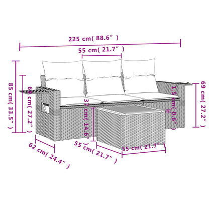 4 pcs conjunto de sofás para jardim c/ almofadões vime PE bege